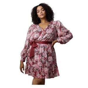 Lauren Conrad Women Plus 4XL Puff Sleeve Sequin Wrap Mini Dress Floral Pink NWT